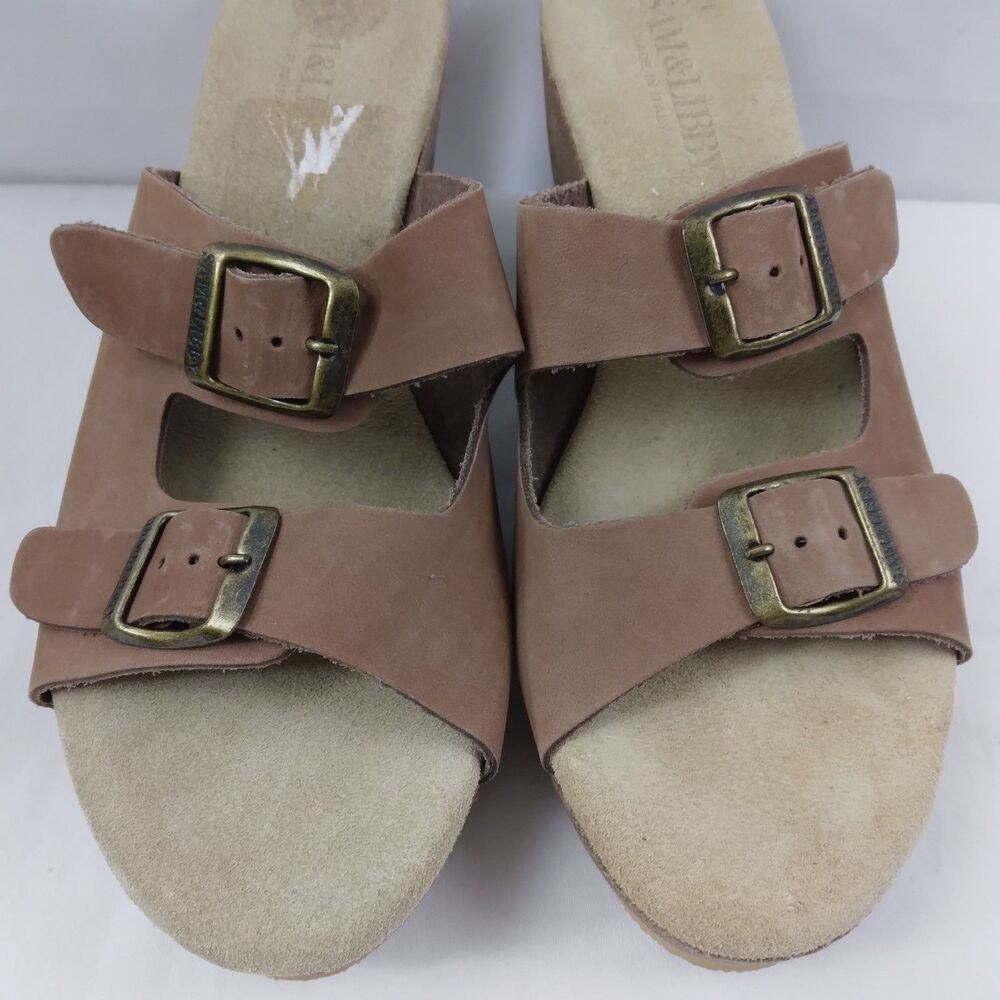 Sam & Libby Brookfield Slide Wedge Sandals Brown Leather Double Buckle Boho 8 - Picture 5 of 14